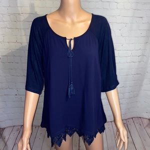 Neiman Marcus blue embroidered boho tassels blouse size medium